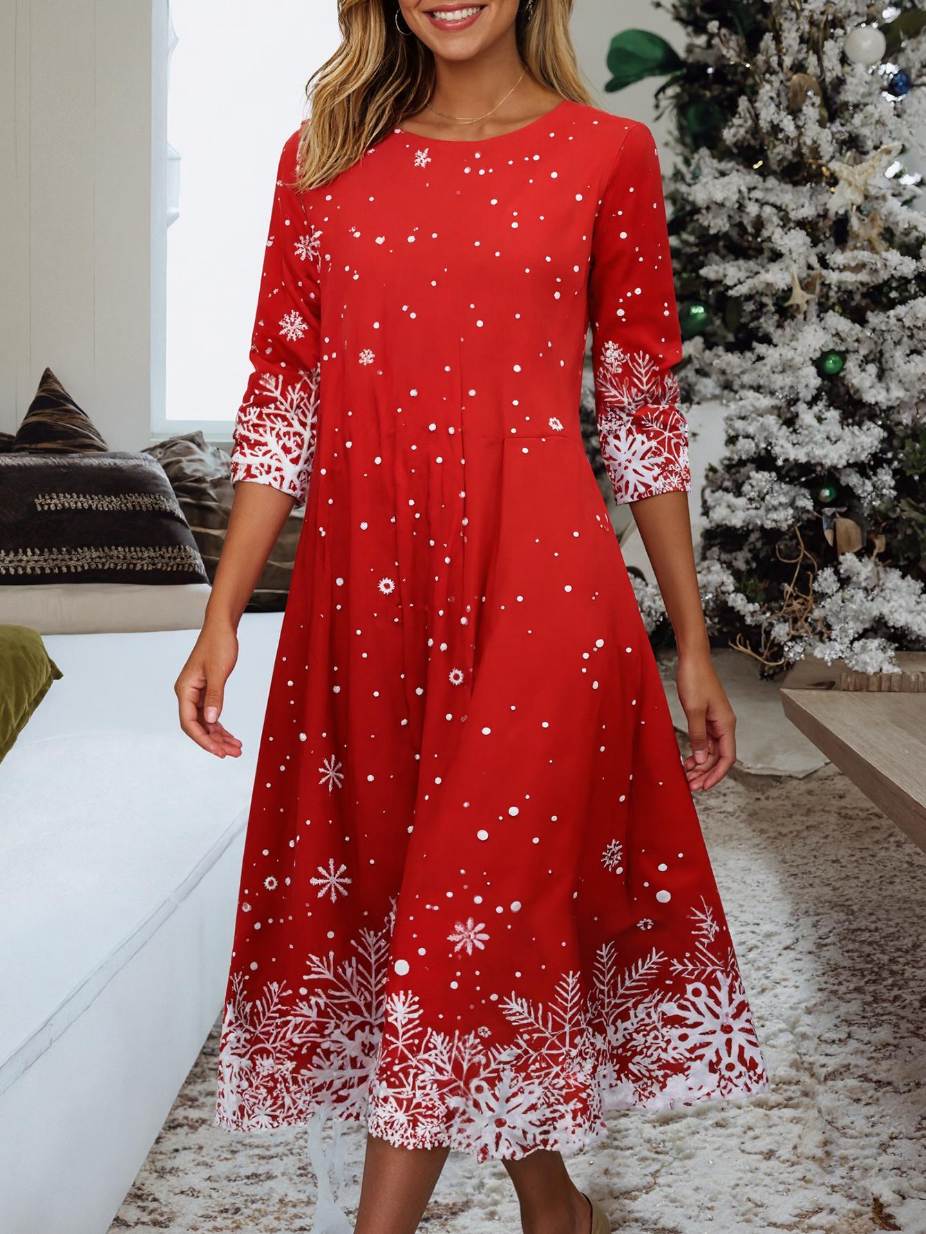 Plus Size - Plus Size, Women'S Elegant Christmas Snowflake Print Maxi Dress - Long Sleeve Round Neck Winter Party Dress with A-Line Silhouette, Red & Snowflake Pattern, Cozy Floor-Length Formal Evening Gown for Holiday Events