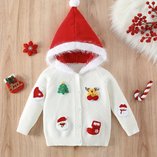 Girls' Christmas-Themed Knit Cardigan with Red Santa Hat & Festive Embroidery - Long Sleeve, White with Holiday Decorations, Perfect for Fall/Winter, Christmas Clothes for Girls