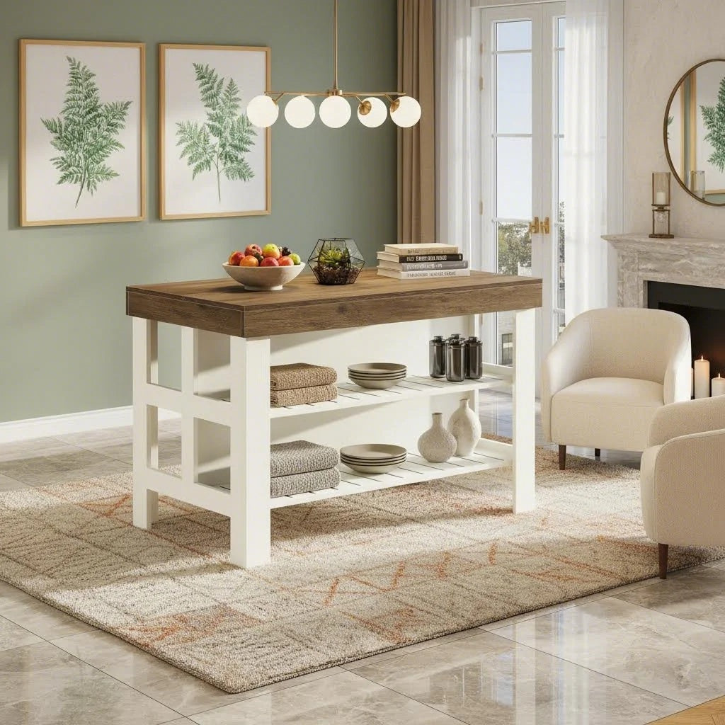 Modern Farmhouse Kitchen Island with Seating & Breakfast Counter - 55.1-Inch & Engineered Wood Island Table Suitable for Kitchen Dining Room, Open Shelving, Counter-Height Table, Space-Saving