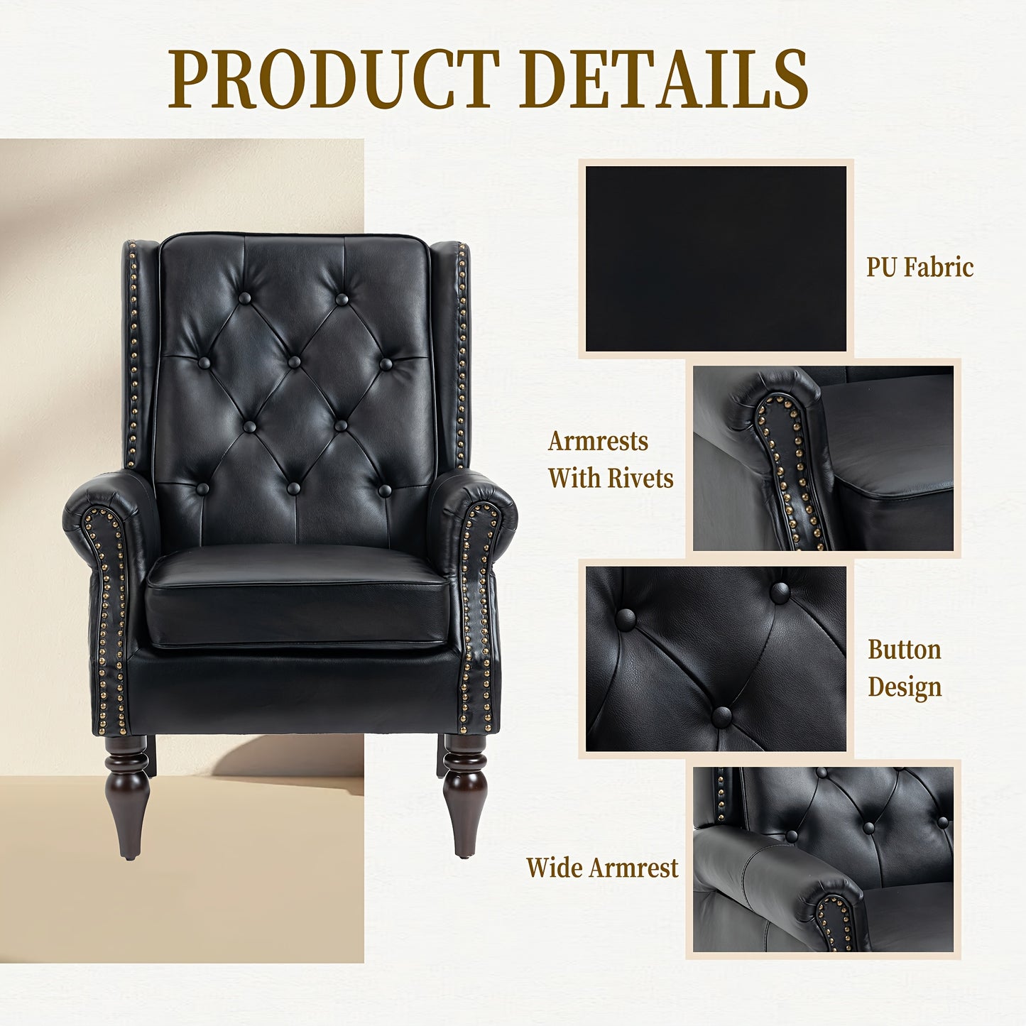 Faux Leather Chesterfield Chair, a Modern Medieval Single Sofa, Plush Upholstered Armchair with Curved Arms for Home Bedroom Reading Room