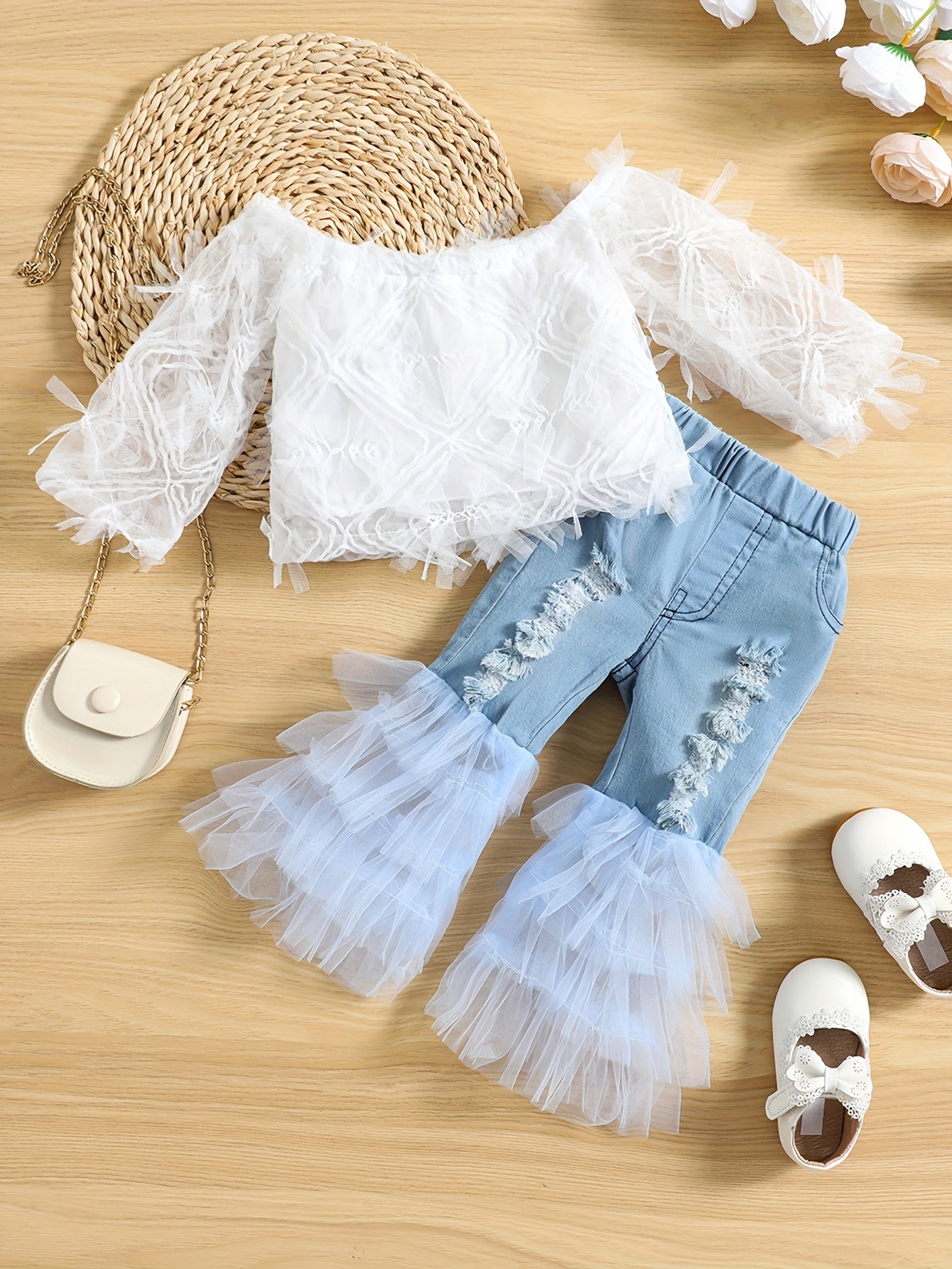 White Lace Off-The-Shoulder Top with Faux Denim Bell Bottom Faux Denim, Tulle Trim Halloween Christmas Outfit, for Outdoor