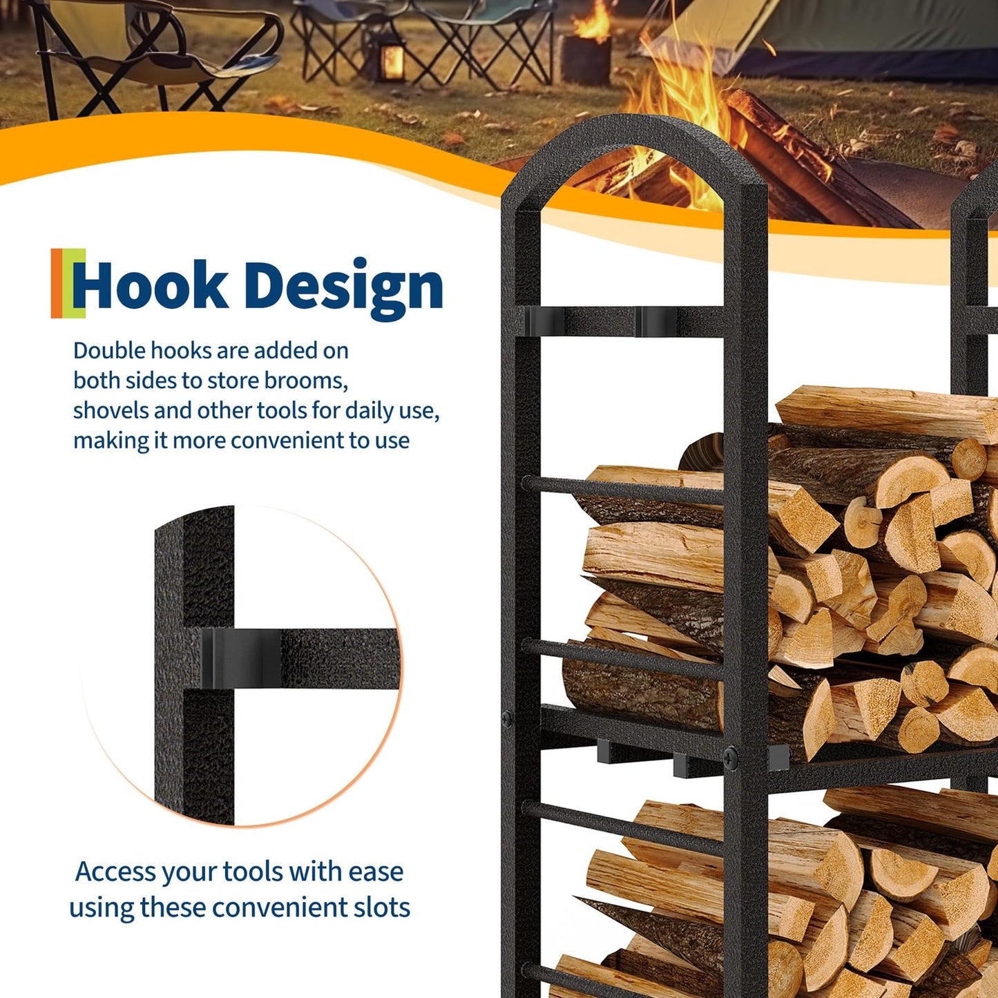30 Inch Large Metal Firewood Rack | High Capacity Fireplace Log Storage with Kindling Hooks, Durable Wood Storage Organizer, Multipurpose Use, GAOMON Brand