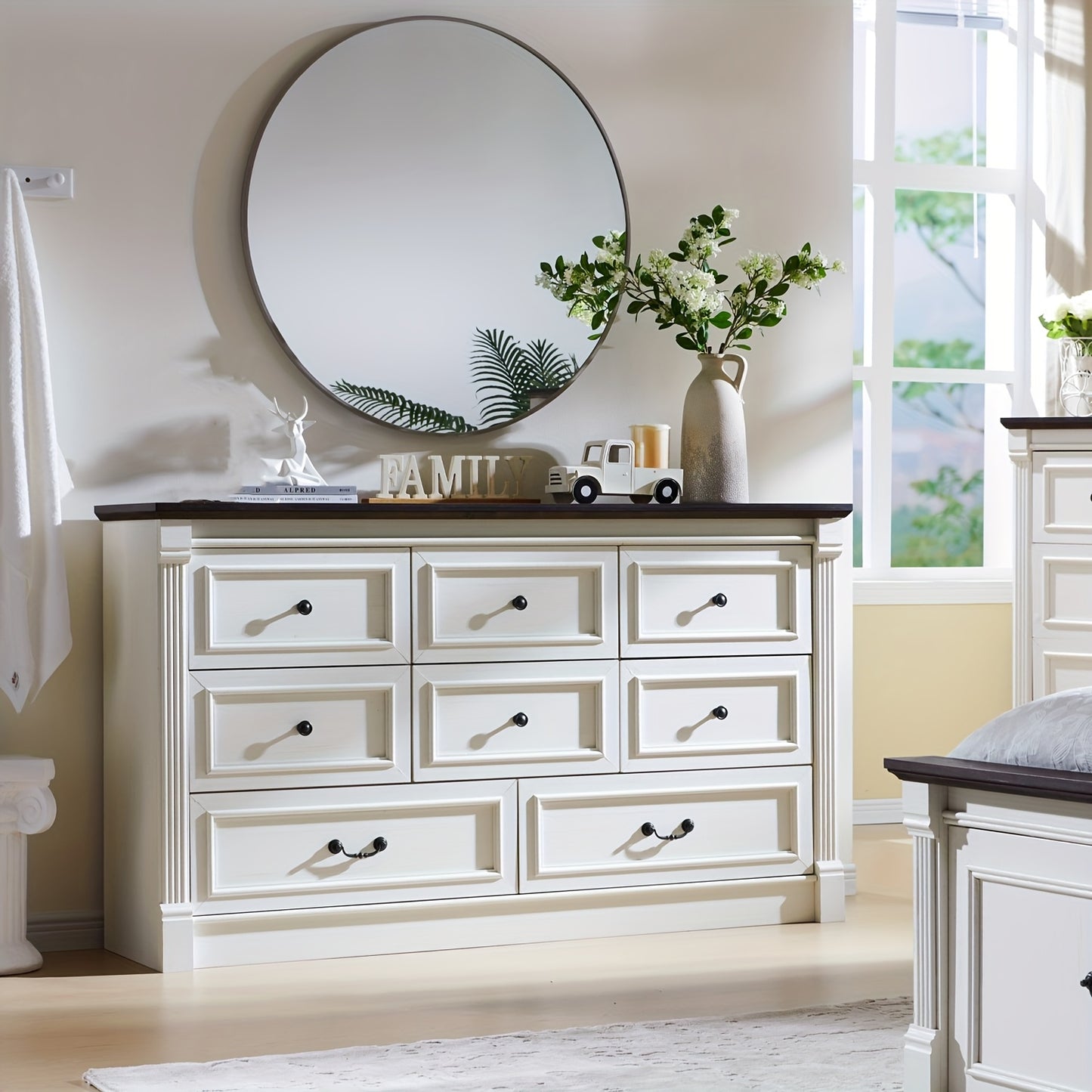 [8-Drawer Wood Chest] Farmhouse 8 Drawers Dresser, 61" Wide Wood Chest Large Storage Dressers W/Roman Column for Bedroom, Hallway | Wooden Decor, Hallway Furniture, Bedroom Storage, Rustic Decor, Classic Design, Durable Craft