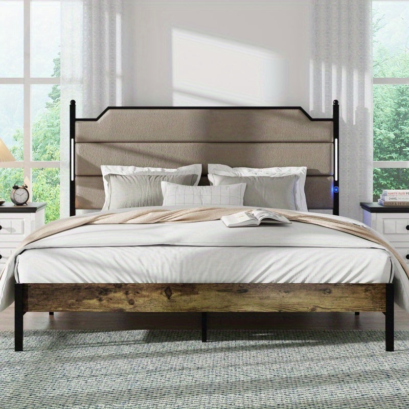Modern Bed Frame with Built-in LED & Charging Hub, Heavy-Duty Metal Platform Bed with Panel Headboard, Tool-Free Assembly for King/Queen Size Beds, - for Smart Homes (No Wood)