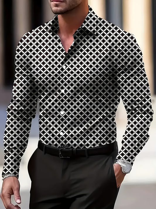 Shule Water OBM Men's Black & White Houndstooth-Like Dot Shirt - Golden Collar, Loose Fit Long Sleeve Dress Shirt, Business Casual & Formal Wear, Machine Washable All-Season Button-Up for Work, Wedding, Office (Classic Men's