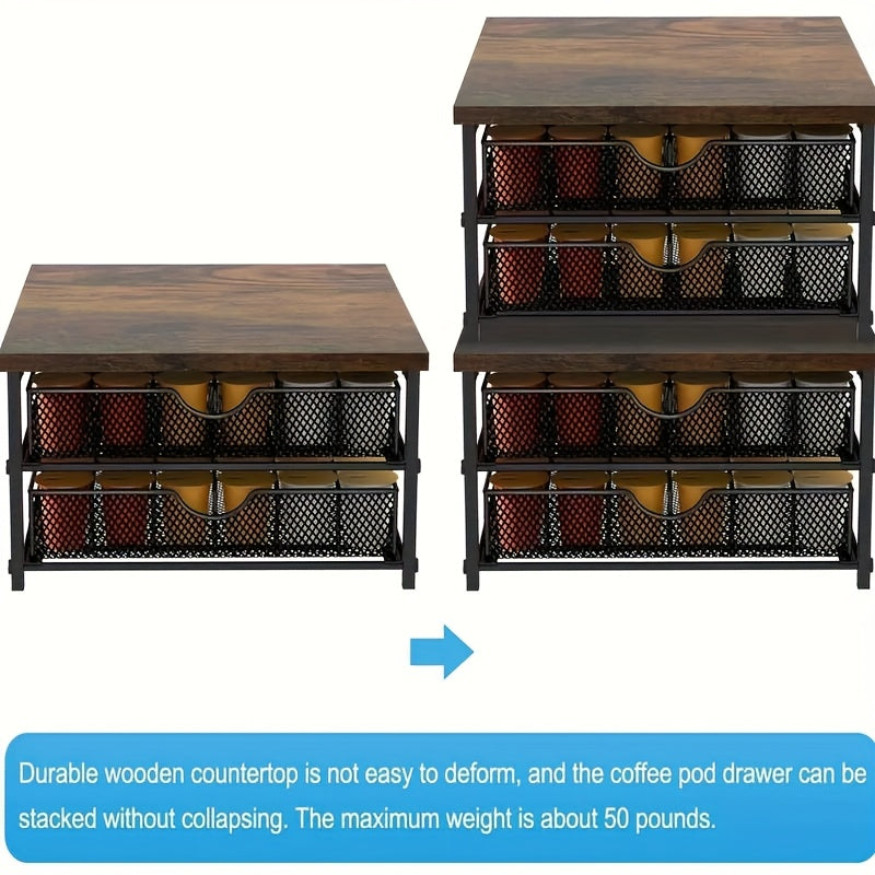 Coffee racks，Black Wood and Iron K-Cup Holder with Double Storage Drawers, Coffee Station Organizer for Capsule Boxes