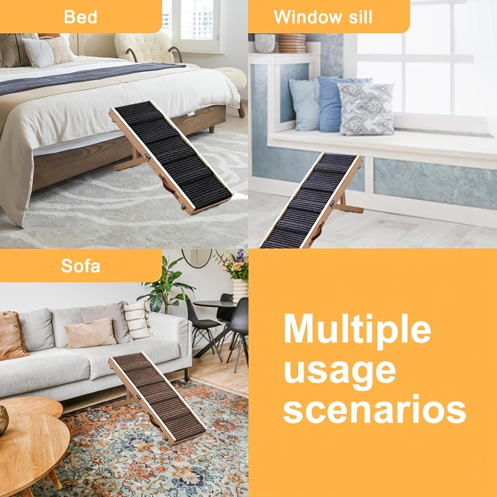 32" Adjustable & Portable Folding Dog Ramp with Non-Slip Traction Mat - Solid Wood Pet Stairs Ladder for Small Dogs, Bed, Sofa, Car, Couch - Climbing Ramp for Puppies, Pets ( Wood Grain, Lightweight)