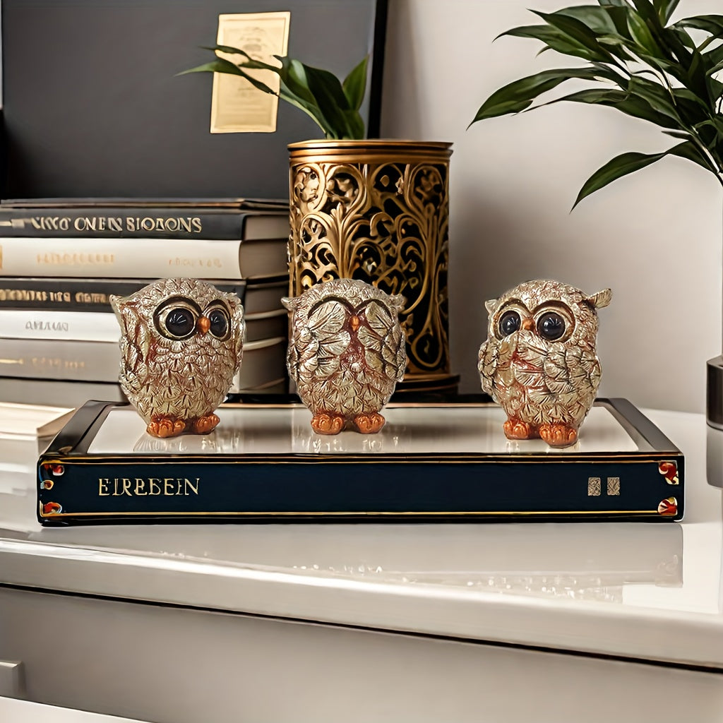 3pcs Set Whimsical Resin Wise Owls Figurines - See Hear Speak No Evil Statues with Quirky Big Eyes, Expressive Faces & Intricate Feather Patterns, Bookshelf & Desk Decor for Home, Home Decor And Accessorie, Odditie And Curios