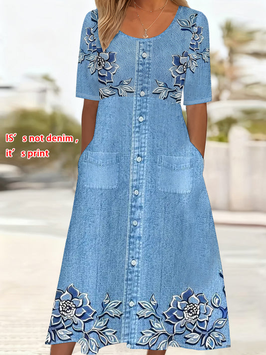 Plus Size, [Denim Print/Imitation Denim] Women's Plus Size Denim Flower Print Short Sleeve Maxi/Dress - Round Neck Beach Vacation Dress with Pockets, Machine Washable Spring Summer Casual Elegant Outfit for Resort Wear & Deni