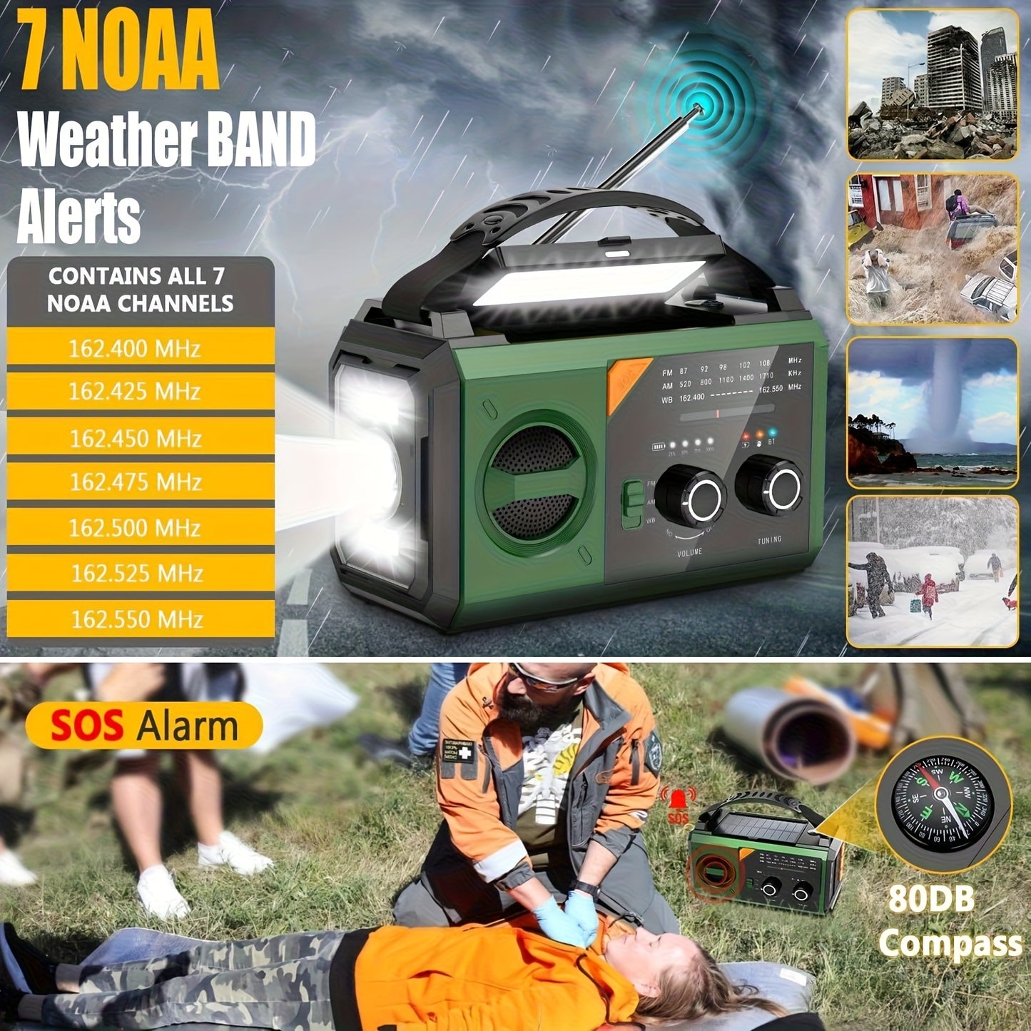 30000mAh Emergency Weather Radio with Hand Crank - NOAA Weather Alert Radio,  SOS, Power Bank 2 Solar Panels