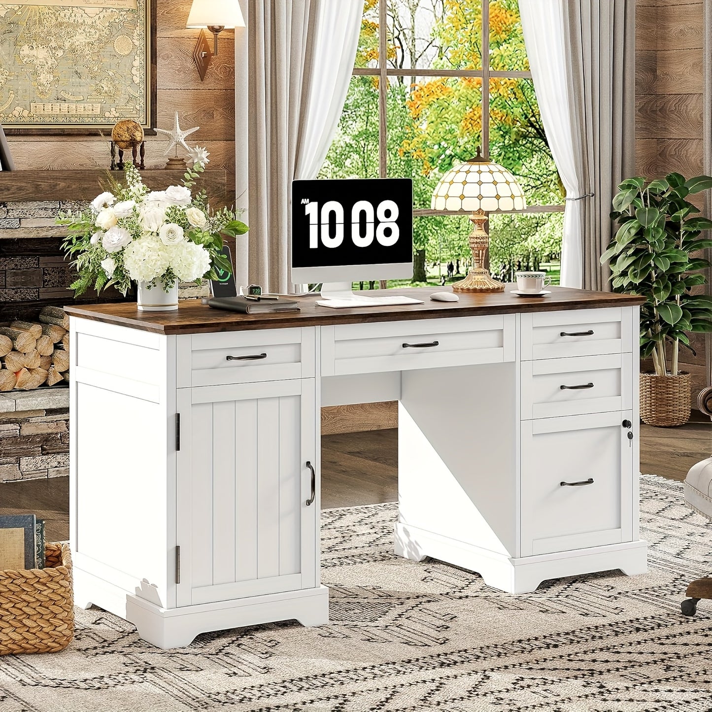 55'' Farmhouse Executive Desk with Power Outlets, Home Office Desk with Drawers And Cabniet