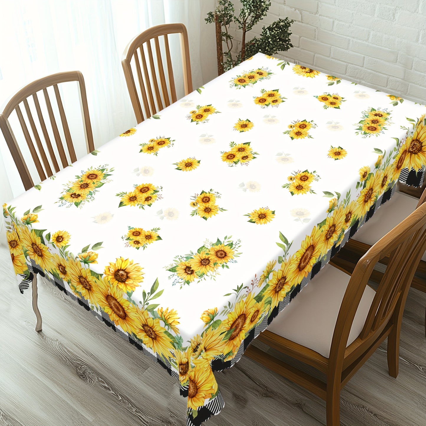 1pc Tablecloth+4pcs Anti Slip Stickers, Floral Themed Printed Tablecloth, Farmhouse Style, Blooming Sunflowers Design, Wedding Season, Anniversary, Mother's Day, Camping Picnics, Party Decor, Kitchen Accessories, Room&Outdoor