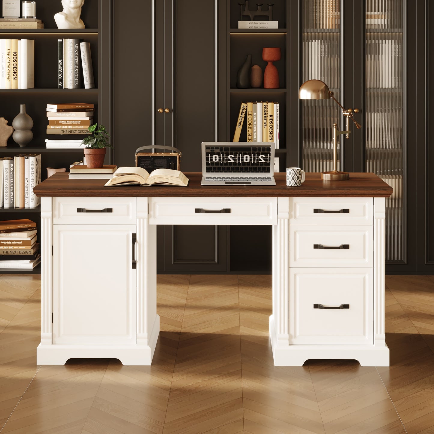59" Modern Executive Office Conference Desk with 5-Drawer Storage, 2-Tier Cabinets & Walnut/White - Heavy-Duty -Like MDF, Spacious Walnut Veneer Countertop, Freestanding Boardroom Desk for Office, Study Room