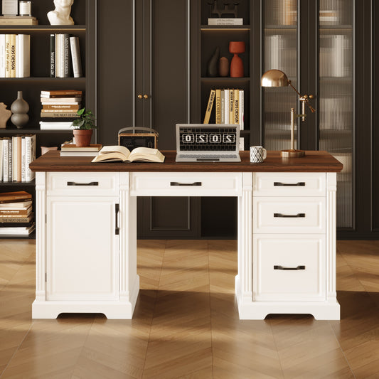 59" Modern Executive Office Conference Desk with 5-Drawer Storage, 2-Tier Cabinets & Walnut/White - Heavy-Duty -Like MDF, Spacious Walnut Veneer Countertop, Freestanding Boardroom Desk for Office, Study Room