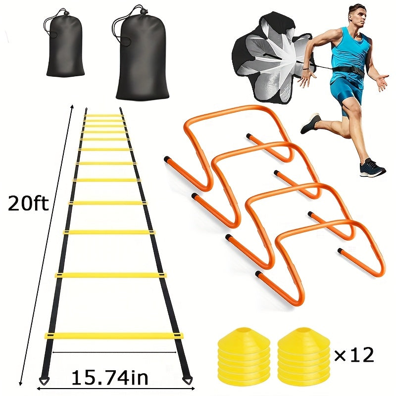 20 Feet Non-slip Agility Ladder Set + 12 Cones 4 Obstacles + Running Umbrella Basketball Soccer Training Speed Training Equipment Youth Physical Fitness Equipment Indoor And Outdoor Agility Training Hot Deal Free Storage Bag