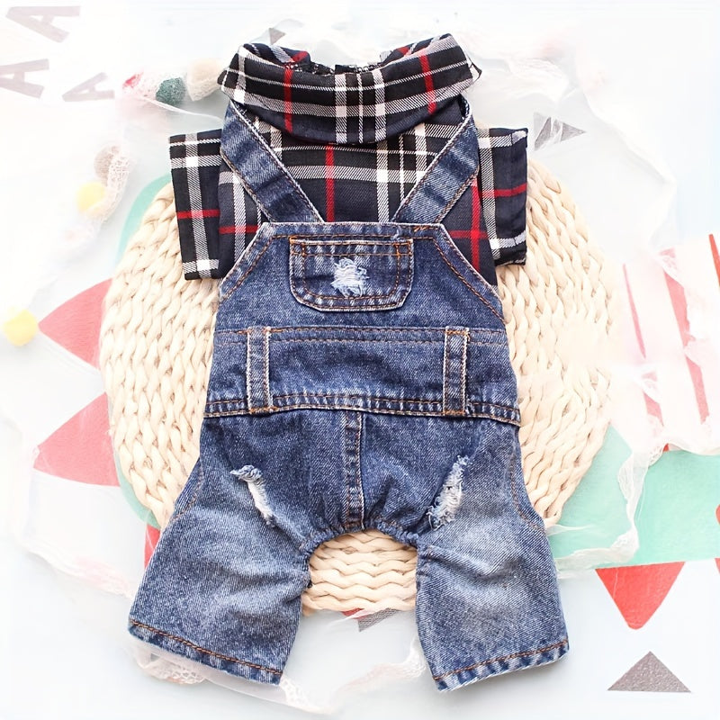 Internet Celebrity Autumn and Winter Fashion Brand Plaid Imitation Denim Pet Poodle Teddy Bear Bichon Frise  Dog Clothes
