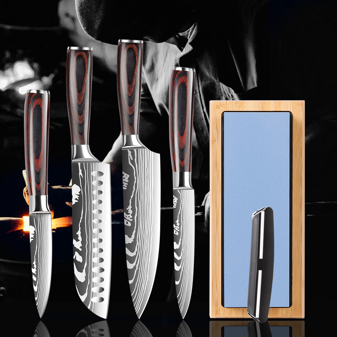 5pcs Professional Chef Knife Set with Sharpener - Heavy-Duty High Carbon Stainless Steel Style Kitchen Knives (Chef's Knife, Santoku Knife, Utility Knife, Paring Knife) - Complete Kit for & Professional Cooks