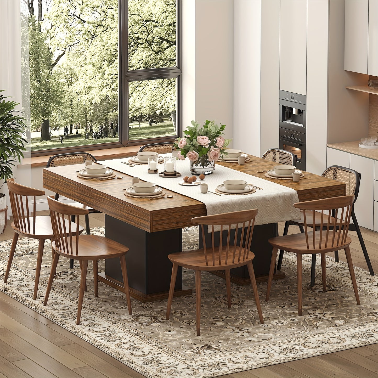 Dining Table for 6 People, Large Rectangular Wood Kitchen Table with 2 Drawers, Farmhouse Long Dining Table for Dining Room, Living Room, Kitchen, Black/ White, Tables for Dining Room, Kitchen Table with Storage, Round Kitche
