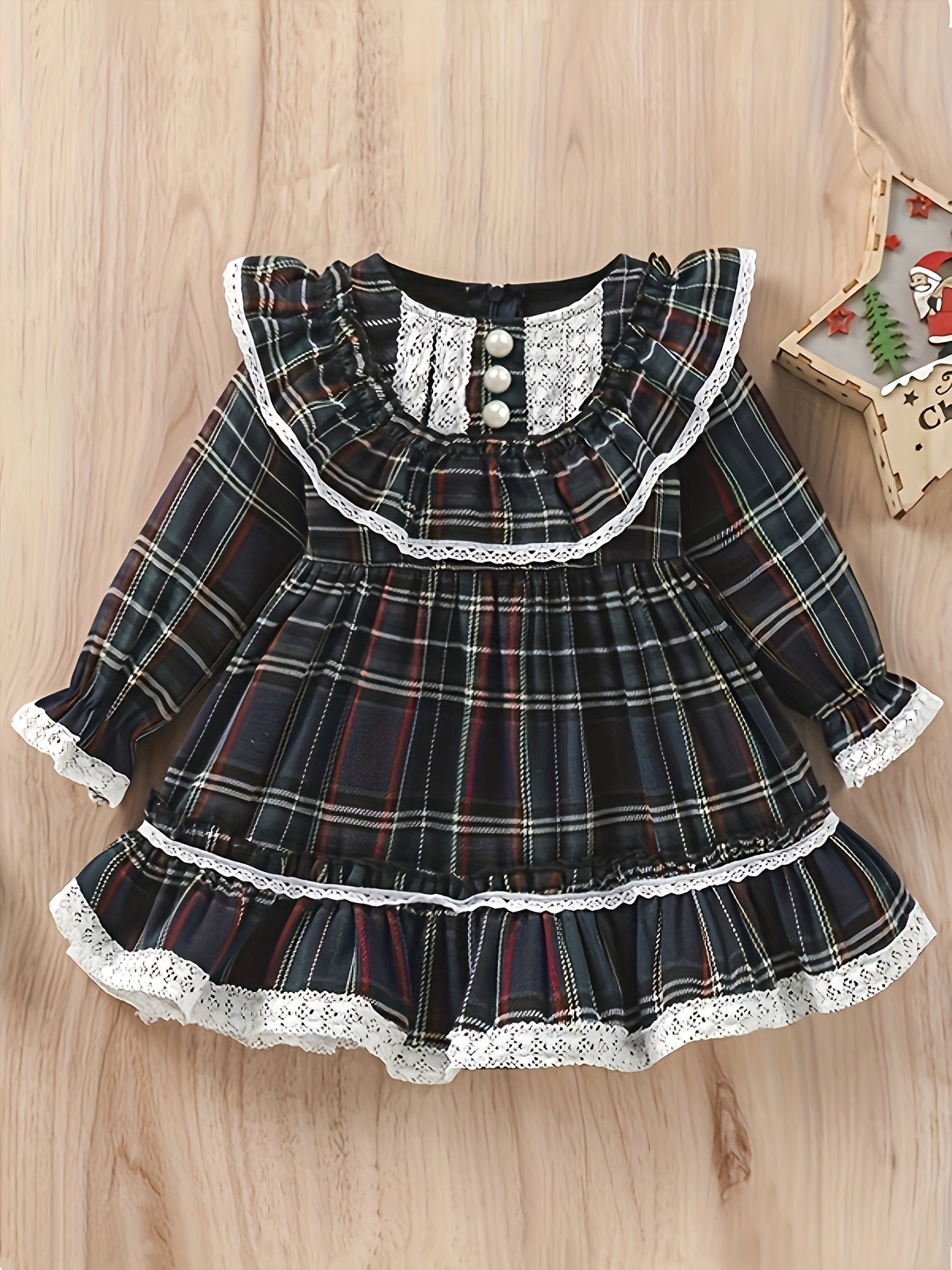 Red Green Plaid Halloween Christmas Girls Dress with High Neck And Lace Trim, Ruffled Cuffs Holiday Party Outfit