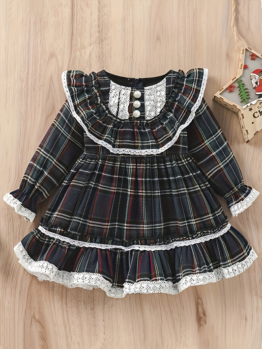 Red Green Plaid Halloween Christmas Girls Dress with High Neck And Lace Trim, Ruffled Cuffs Holiday Party Outfit