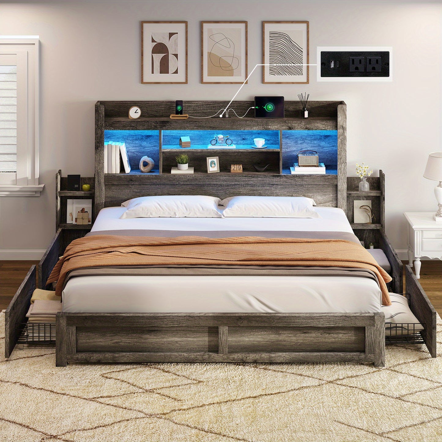PAPABABE Bed Frame Featuring a 49.6-Inch Bookcase Headboard, Four Drawers, And Two Removable Storage Racks - a Farmhouse-Style Wooden Bed Frame Equipped with RGB LED Lights And a Charging Station, No Box Spring Required