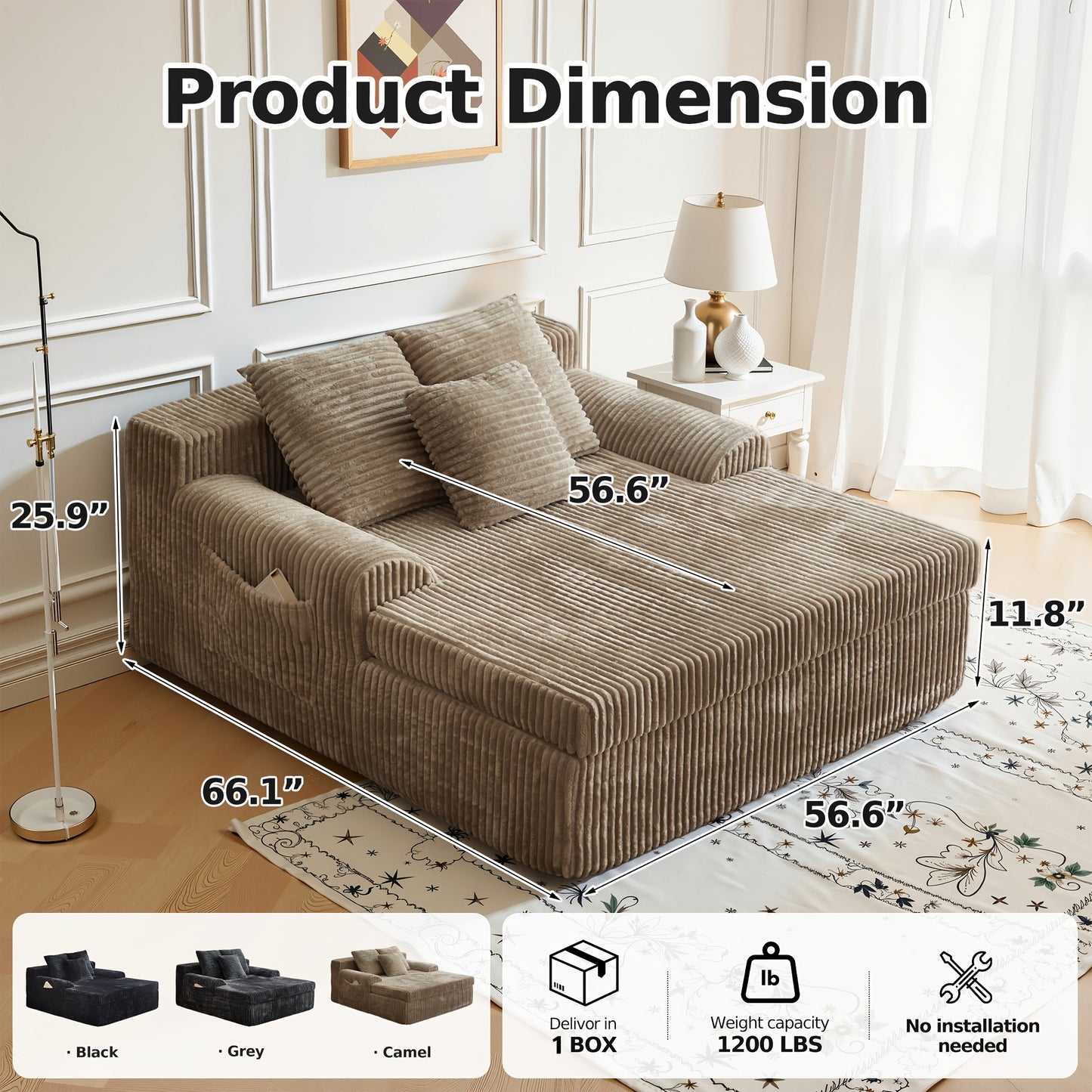 Chaise Lounge Chair Indoor, Corduroy Upholstered Deep Seat Sofa Couch, Cloud-Soft Boneless Lounger, Comfy Reading Chairs For Living Room & Bedroom, No Assembly Required