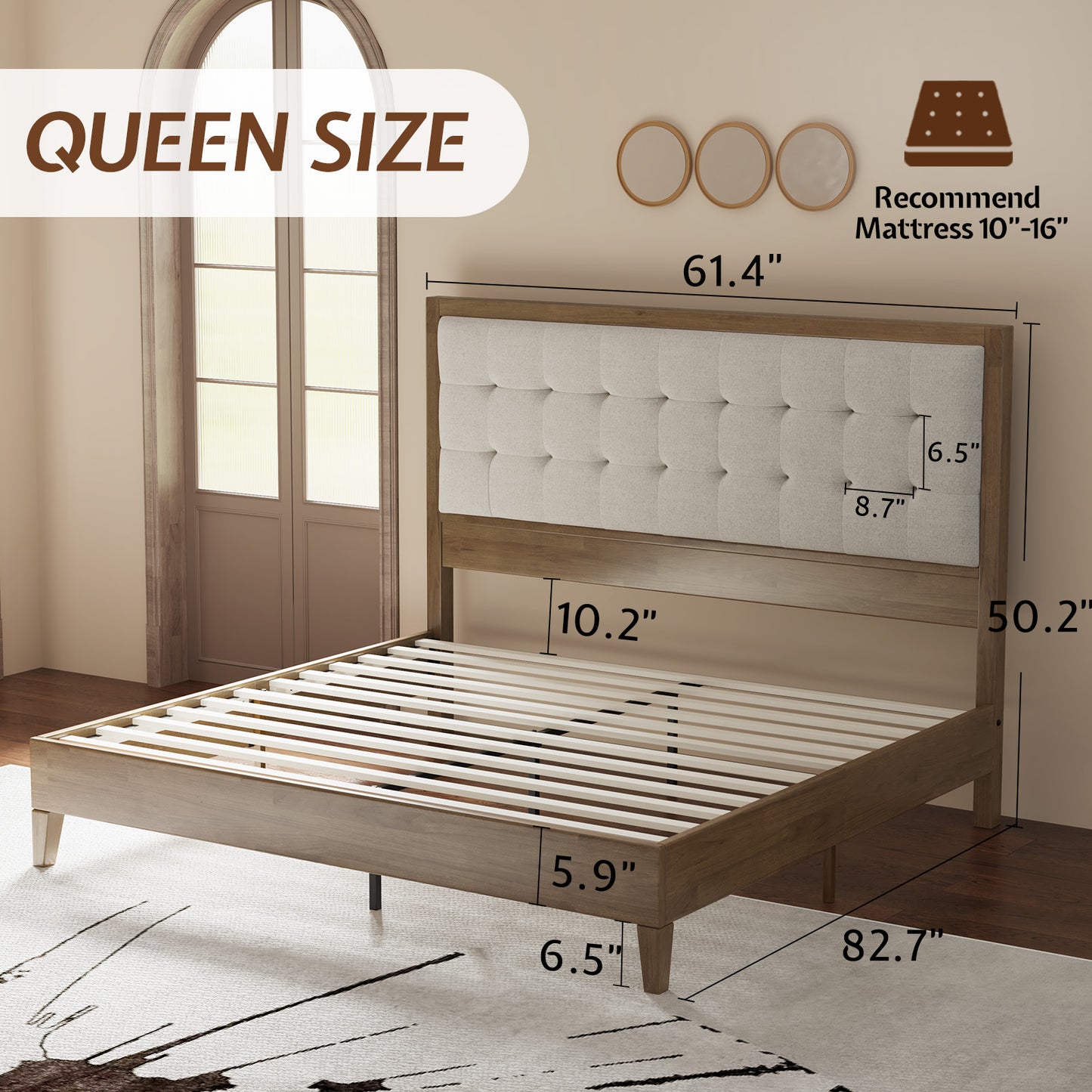 ALBOTT Wooden Bed Frame, High Upholstered Tufted Headboard, Sturdy Wood Platform, No Box Spring Required