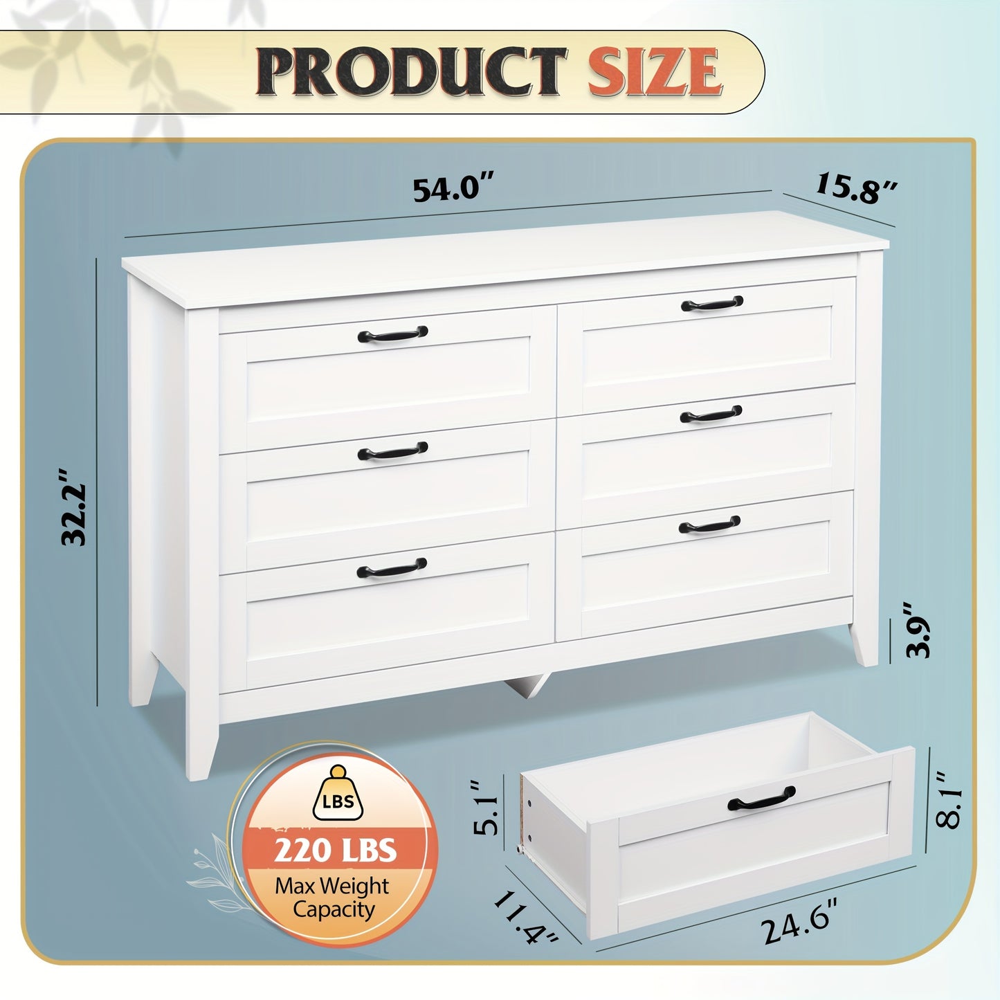 6 Drawer Dresser, Retro Chest Of Drawers with Metal Handle, Double Wood Dresser for Bedroom, Living Room, Large Storage Cabinet