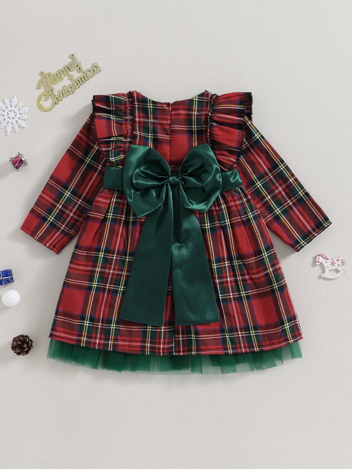 Girls' Elegant Plaid Christmas Dress with Ruffled Neckline & Long Sleeve - Red/Green Tartan Pattern, Mesh Patchwork Skirt, Round Neck Winter Outfit for Holiday Parties, Christmas Pageant & Special Occasions - Cozy Warm One-Pi
