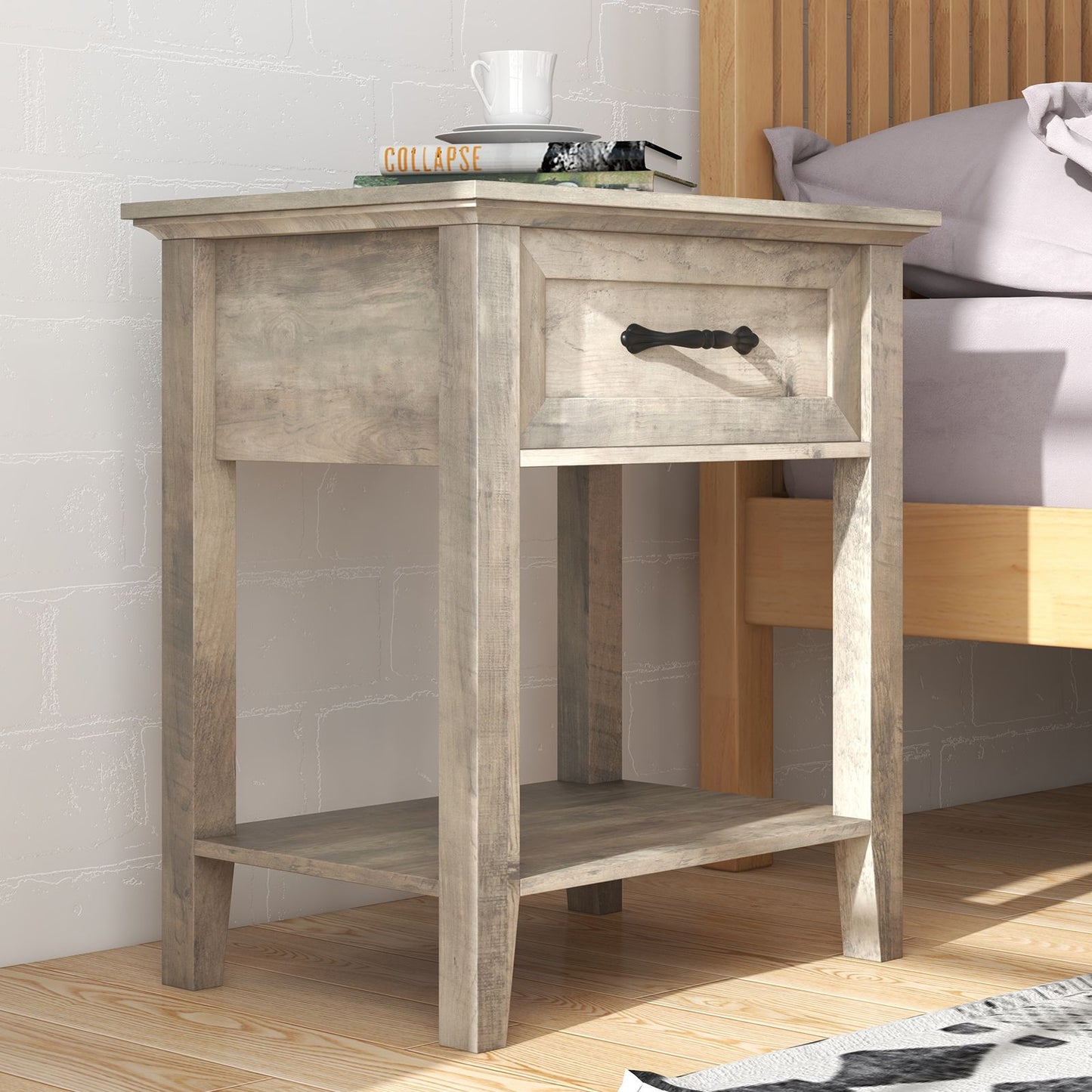 Modern Industrial Side Table with Storage Drawer & Open Shelf - Bedside Table Suitable for Bedroom, Living Room, Dorm - Easy Assembly Compact Furniture with Low Profile, Space-Saving Cabinet/Shelf Unit