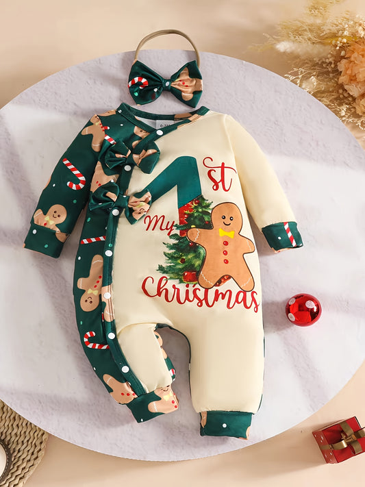 Boys' Christmas Gingerbread for Print "My 1st Christmas" Color Block Side Open Front Bow Tie Bodysuit with Gingerbread for & Candy Canes Design, for Outdoor, Perfect for Outdoor,  Cute Gingerbread Design, Bow Tie Detailing, C
