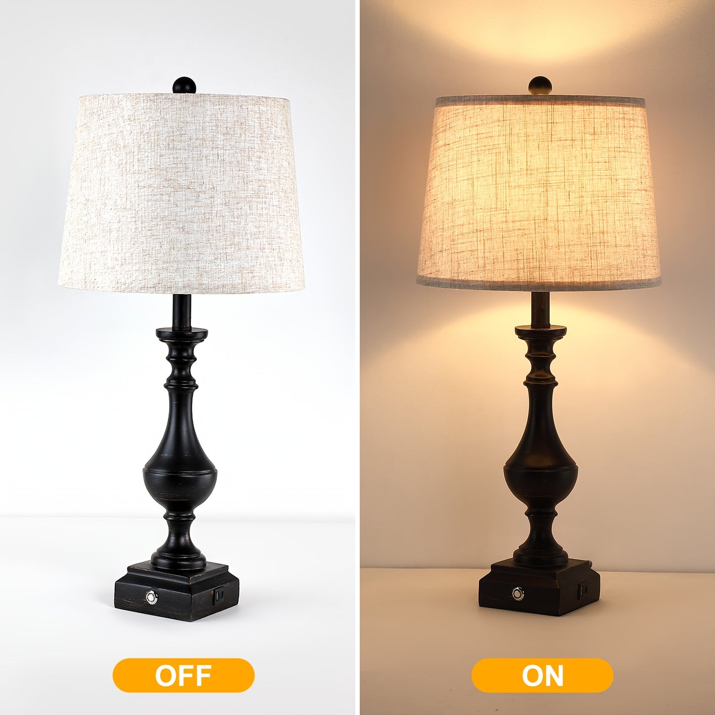 2 Set 3-Way Touch Dimmable Table Lamps for Living Room End Tables, 27.5" Tall Rustic Bedroom Lamp for Nightstand, Dual USB Charging Ports, Black Golden Resin Base with Linen Shade, Classic Candelabra, Farmhouse Bedside Lamp (