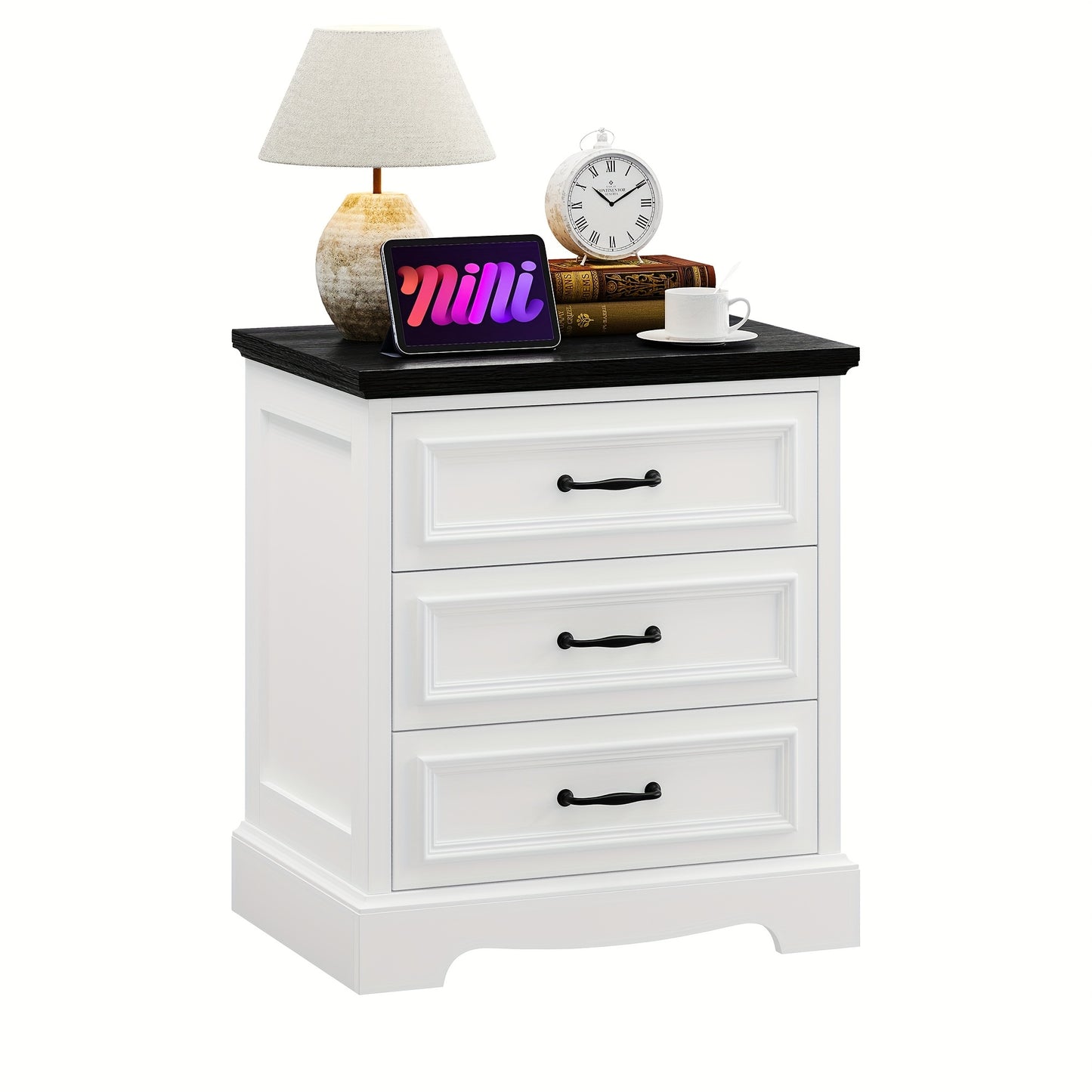 Farmhouse Nightstand Set Of 2, Wood Night Stand With 3 Drawers And Charging Station
