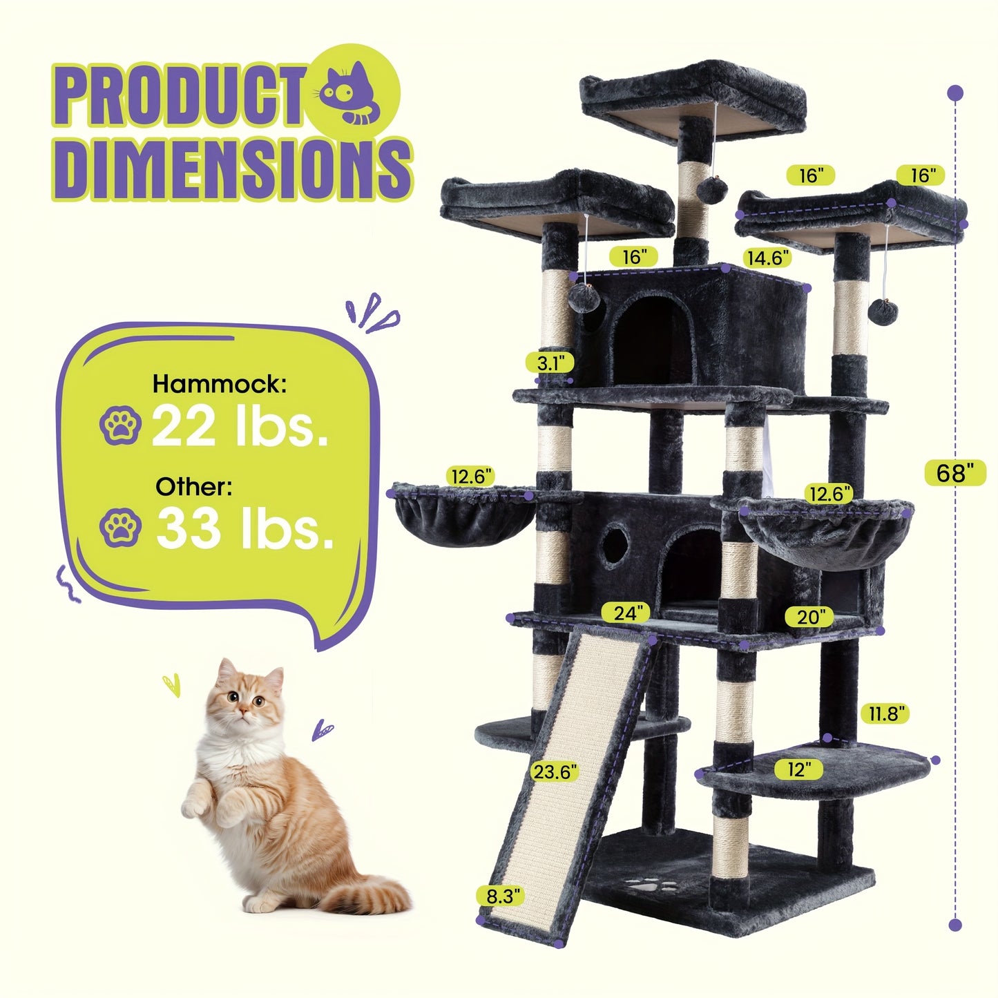 WEEWAY Multi-Level Cat Tree Tower for Indoor Cats - Modern Space-Saving design with Scratching Posts, Plush Perches, Hanging Platforms, Entryways - Sturdy Construction for Climbing, Scratching, Resting - Ideal Gift for Kittie