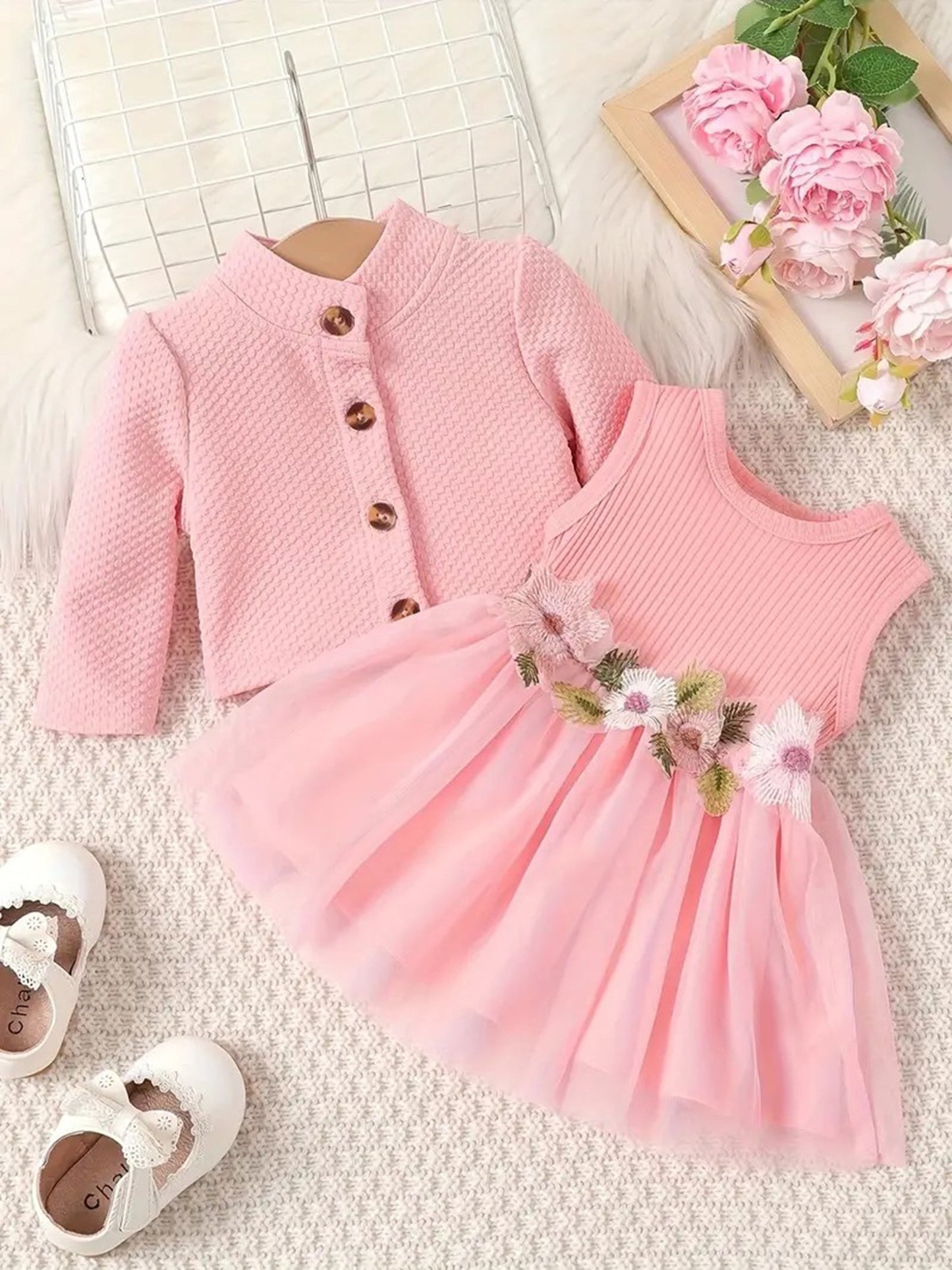 Baby Girl Fall Outfit, Long Sleeve Cardigan Coat Flower Embroidery Tulle Tank Dress 2pcs Set, for Outdoor