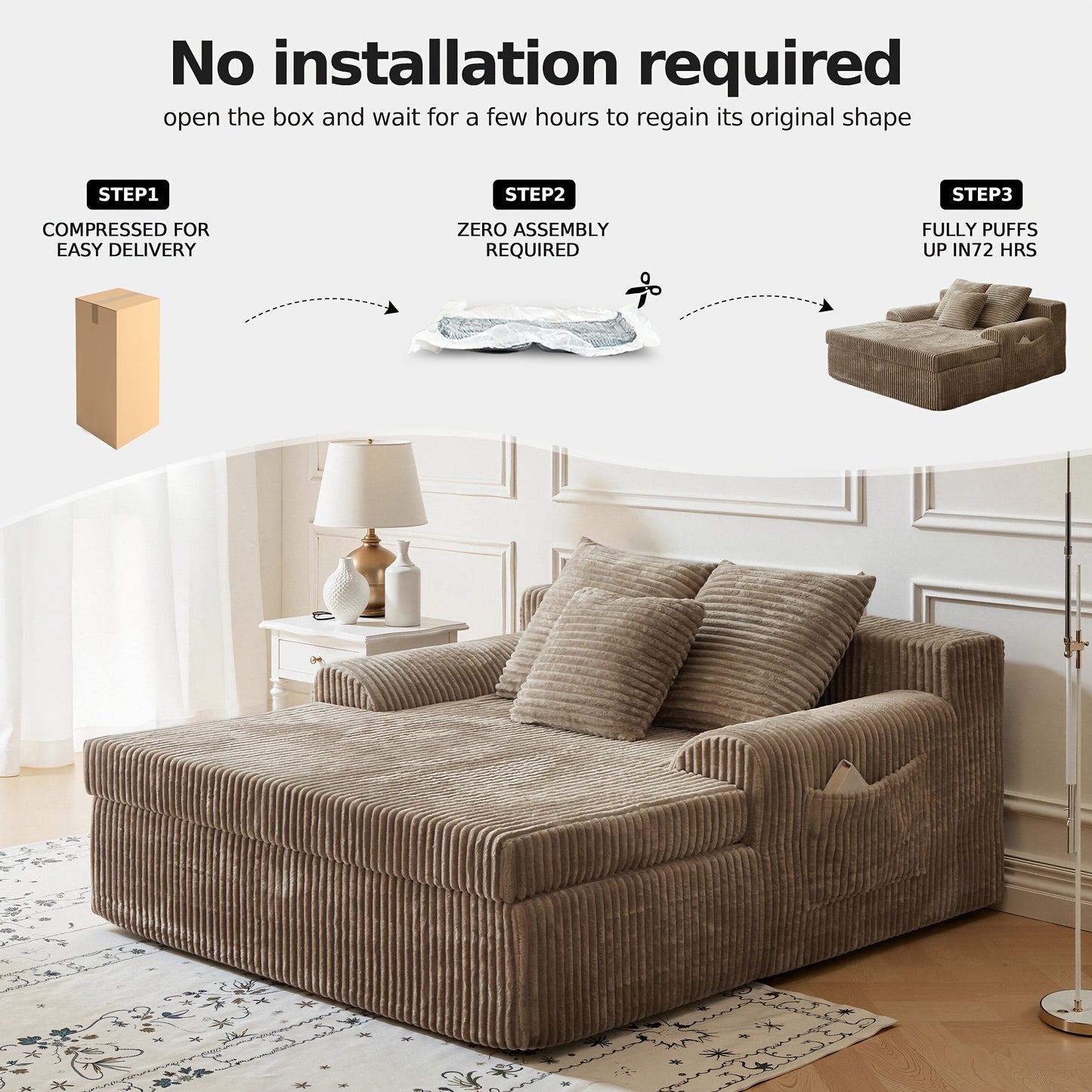 Chaise Lounge Chair Indoor, Corduroy Upholstered Deep Seat Sofa Couch, Cloud-Soft Boneless Lounger, Comfy Reading Chairs For Living Room & Bedroom, No Assembly Required