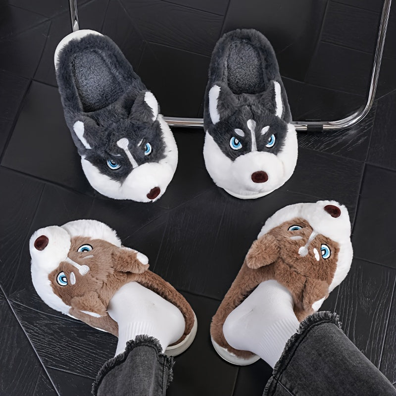 Unisex Husky Dog Slippers for Men & Women, Winter Warm Indoor/Outdoor Shoes, Slip-Resistant