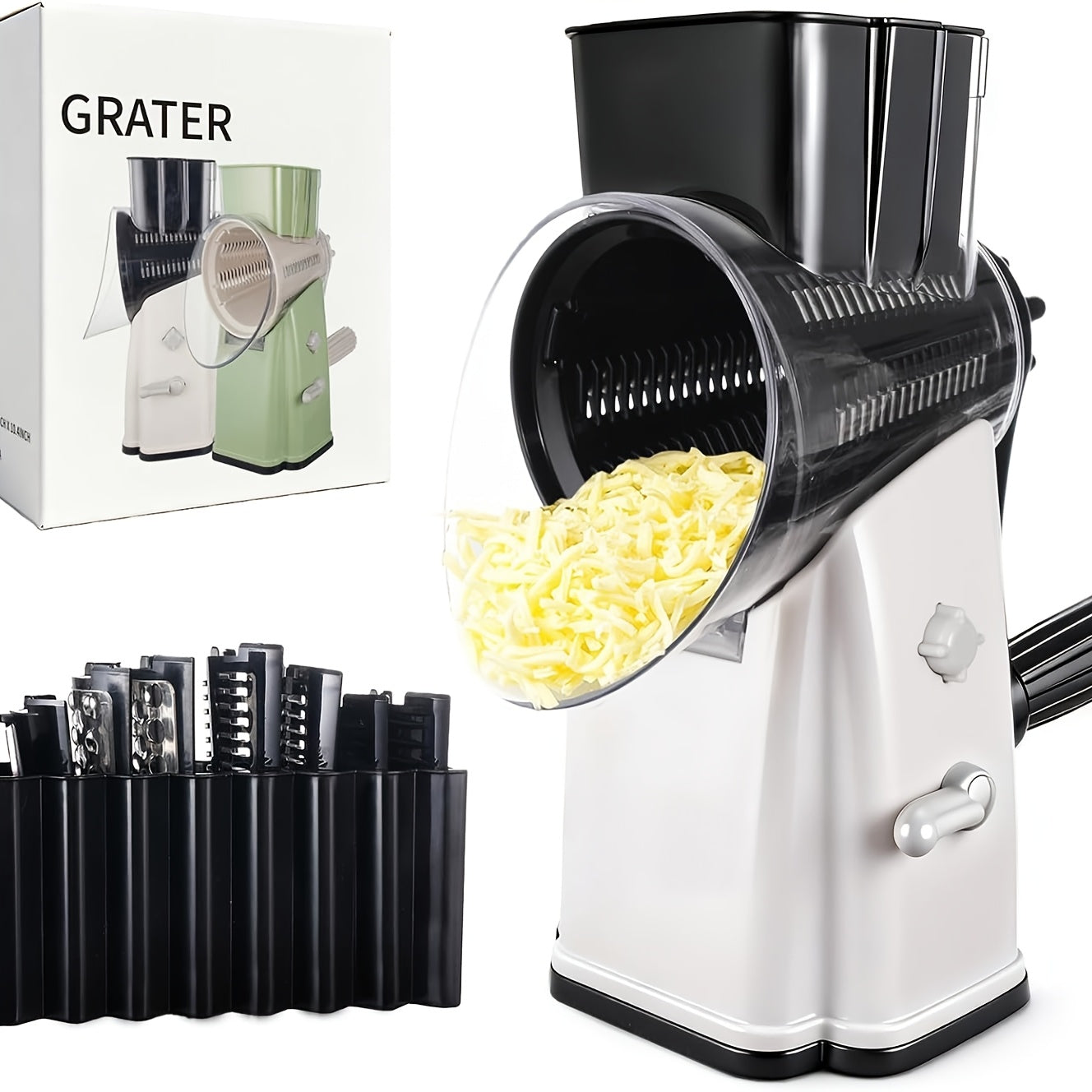 Heavy-Duty Rotary Cheese Grater Shredder with 5 Interchangeable Blades & Storage Box - Multi-Purpose Processor for Ice, Vegetables, Fruit, Nuts - Heavy-Duty Plastic Grater Slicer with Base, Suitable for & Commercial Use