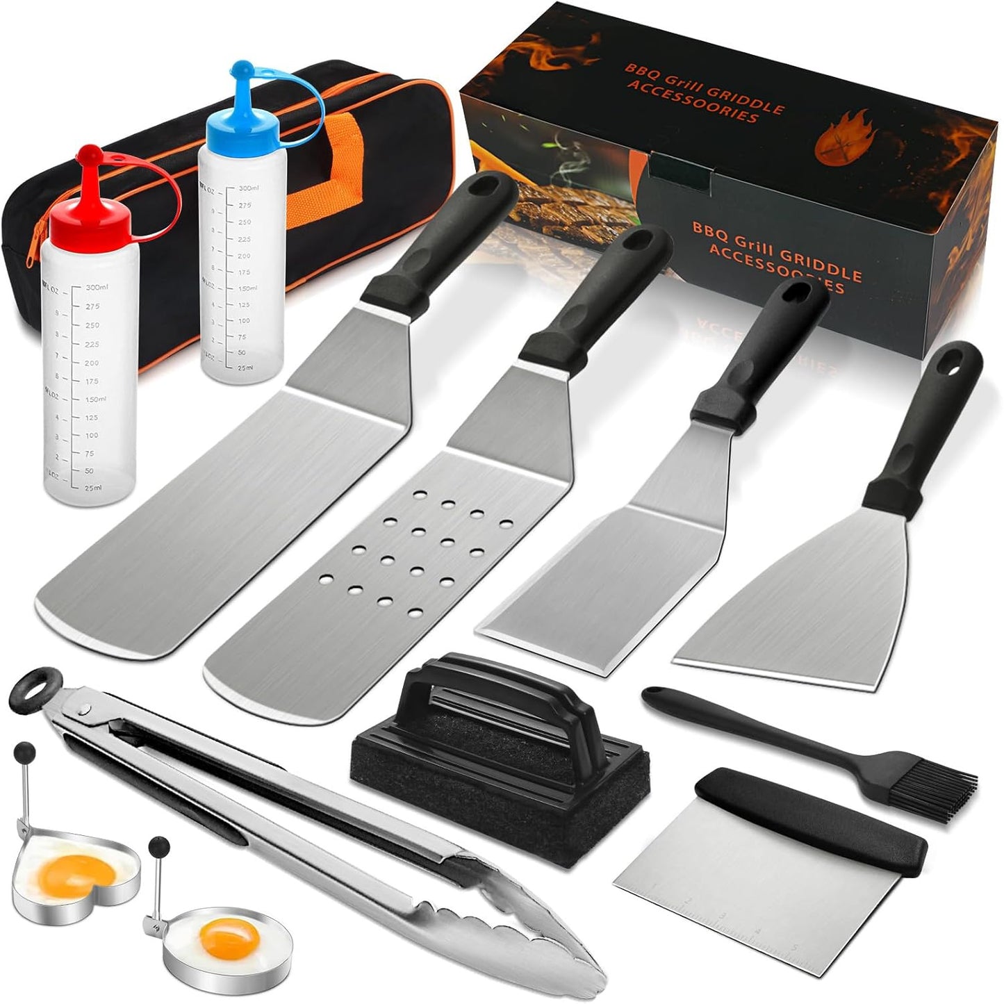 14 count Griddle Accessories Kit, Flat Grill Accessories Set for Blackstone and Camp Chef, Grill Spatula Set with Enlarged Spatulas, Scraper for Outdoor Barbecue