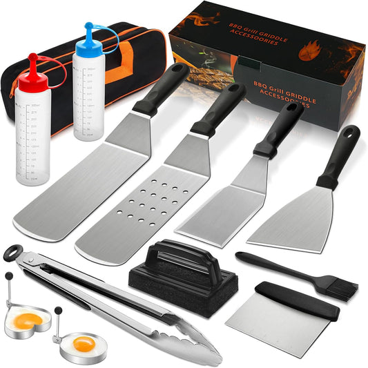 14 count Griddle Accessories Kit, Flat Grill Accessories Set for Blackstone and Camp Chef, Grill Spatula Set with Enlarged Spatulas, Scraper for Outdoor Barbecue