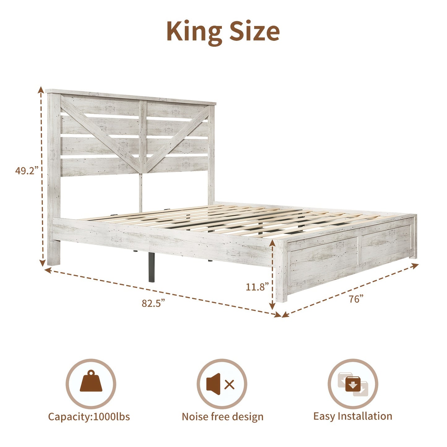 LUXOAK Farmhouse Wooden Platform Bed Frame with 49.2" Headboard - No Box Spring Needed, Noise-Free, Easy Assembly