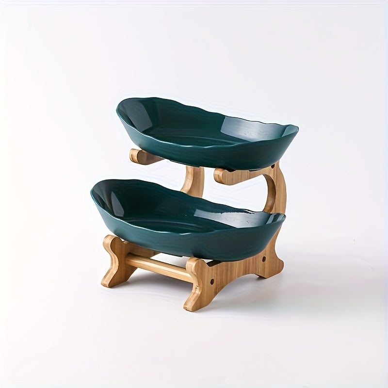 2/3 Tier Luxurious Wooden Elegant Fruit Stand- Double Layer Fruit Bowl and Creative Candy Display- Made of Natural Wood, Suitable Snack Tray for Living Room, Space-saving Design, Easy to Assemble, Father'S Day Gift, Kitchen D