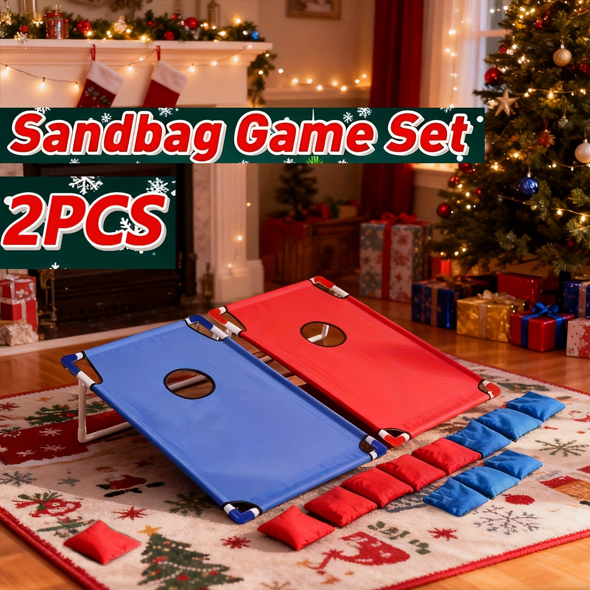 A Foldable And Sturdy Red And Blue Corn Hole Game Set, Perfect for Outdoor Gatherings, Camping Trips, And Backyard Fun. It Includes 6 Bean Bags And Does Not Need Batteries, Making It Ideal for Christmas And Halloween Celebrat