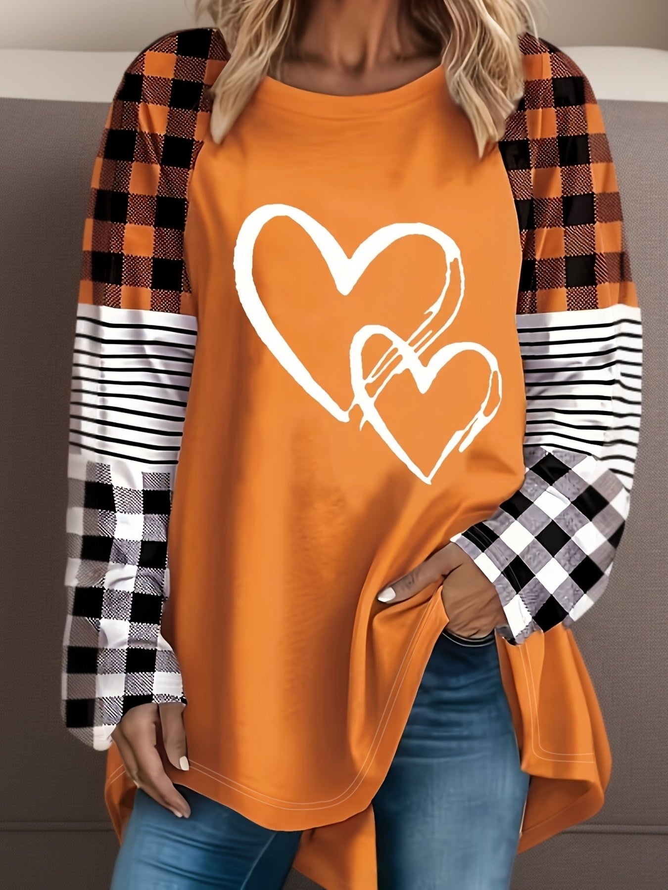 Plus Size - Plus Size - A Women'S Casual Long-Sleeve T-Shirt Featuring a Heart-Shaped Design, Made from Fabric, with a Round Neck Style, Part of The Autumn And Winter Collection, Available in Large Loose Sizes from 0XL to 9XL