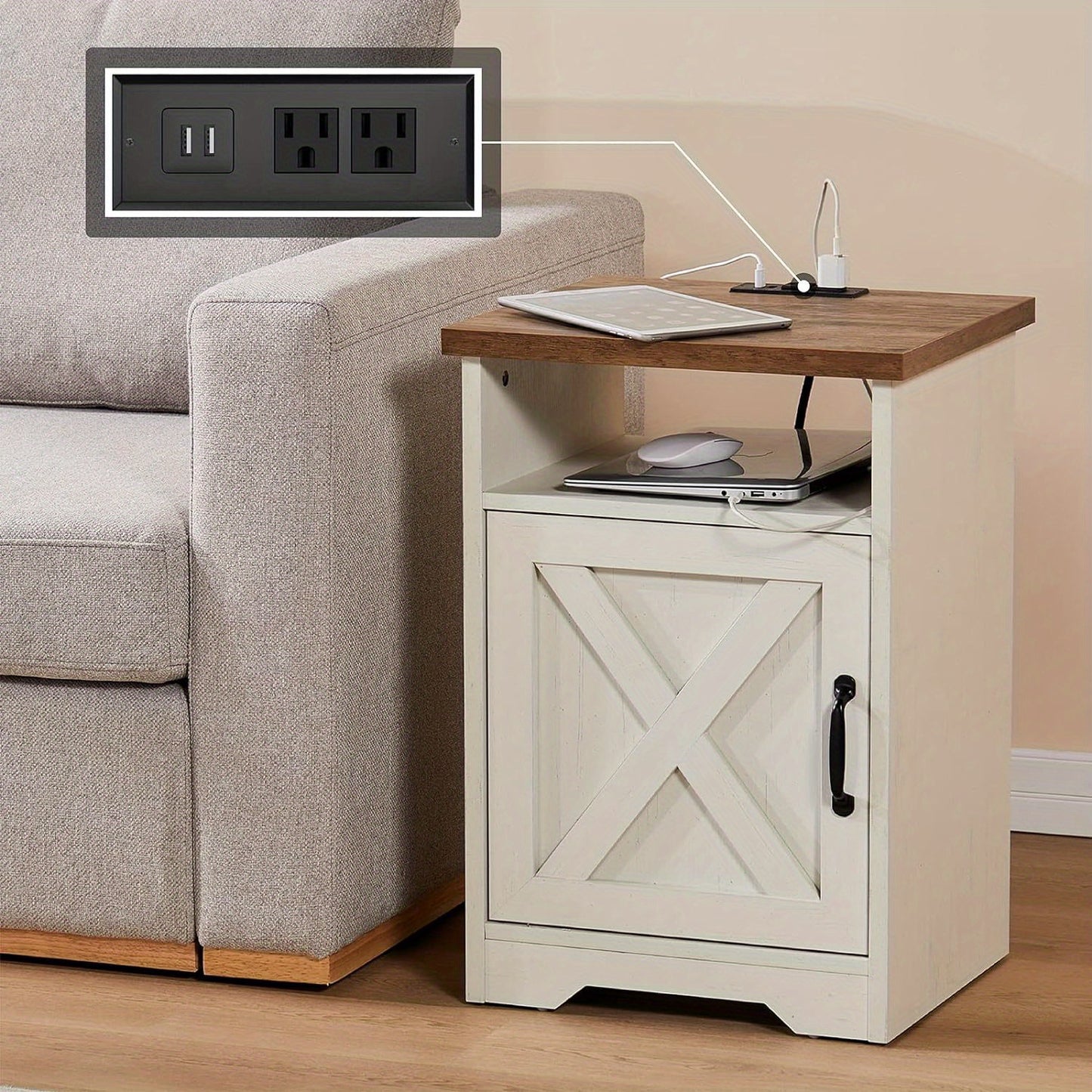 ALBOTT 3pcs Farmhouse Table Set Includes Coffee Table And Two End Tables Side Table with Charging Station And USB Ports for Living Space
