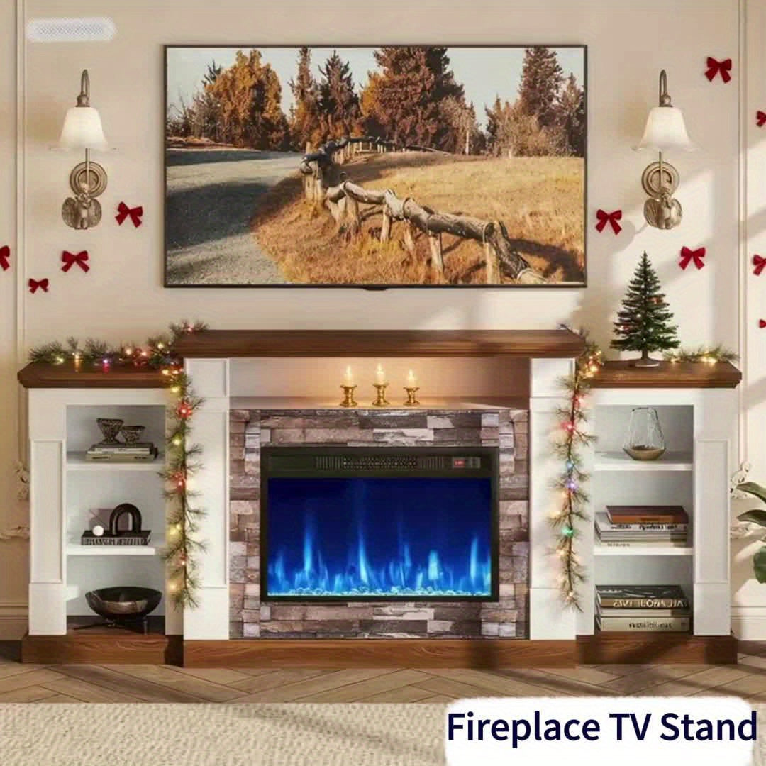 70-inch TV Stand With An Electric Fireplace And Mantel, A Contemporary Entertainment Unit Offering Open Storage, Remote Control, Adjustable Flames, And LED Lighting, Suitable For Living Rooms And Bedrooms And An Excellent New
