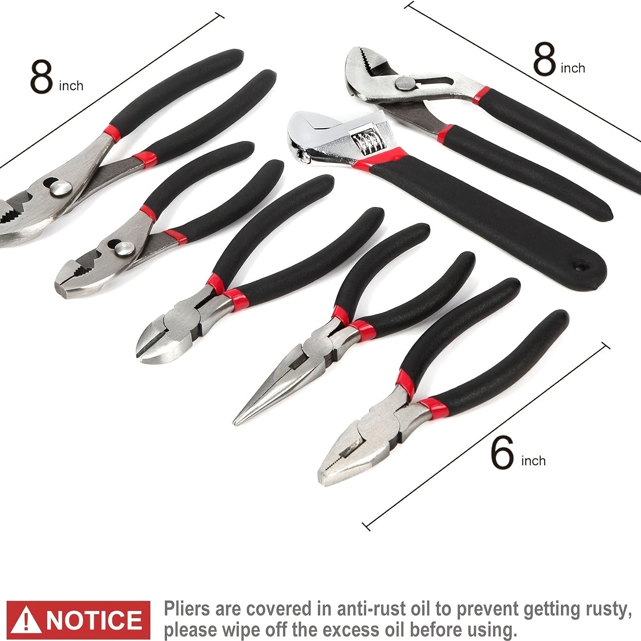7- Utility Pliers and Wrench Set, Includes 8" Adjustable Wrench, 8" Groove Joint, 8" & 6" Slip Joint, 6" Long Nose, 6" Diagonal and 6" Linesman Pliers, Dipped Handle, Available 365 Days