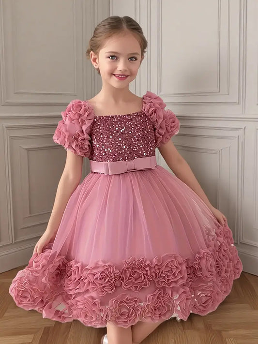 Girls' Elegant Floral Wedding & Birthday Princess dress - Formal Party, Stage Performance, Non-Stretchy Polyester Blend, for Toddlers, Kids, Birthday, Prom, Wedding - Year-Round Formal Attire, Princess Dresses for Girls, Prom