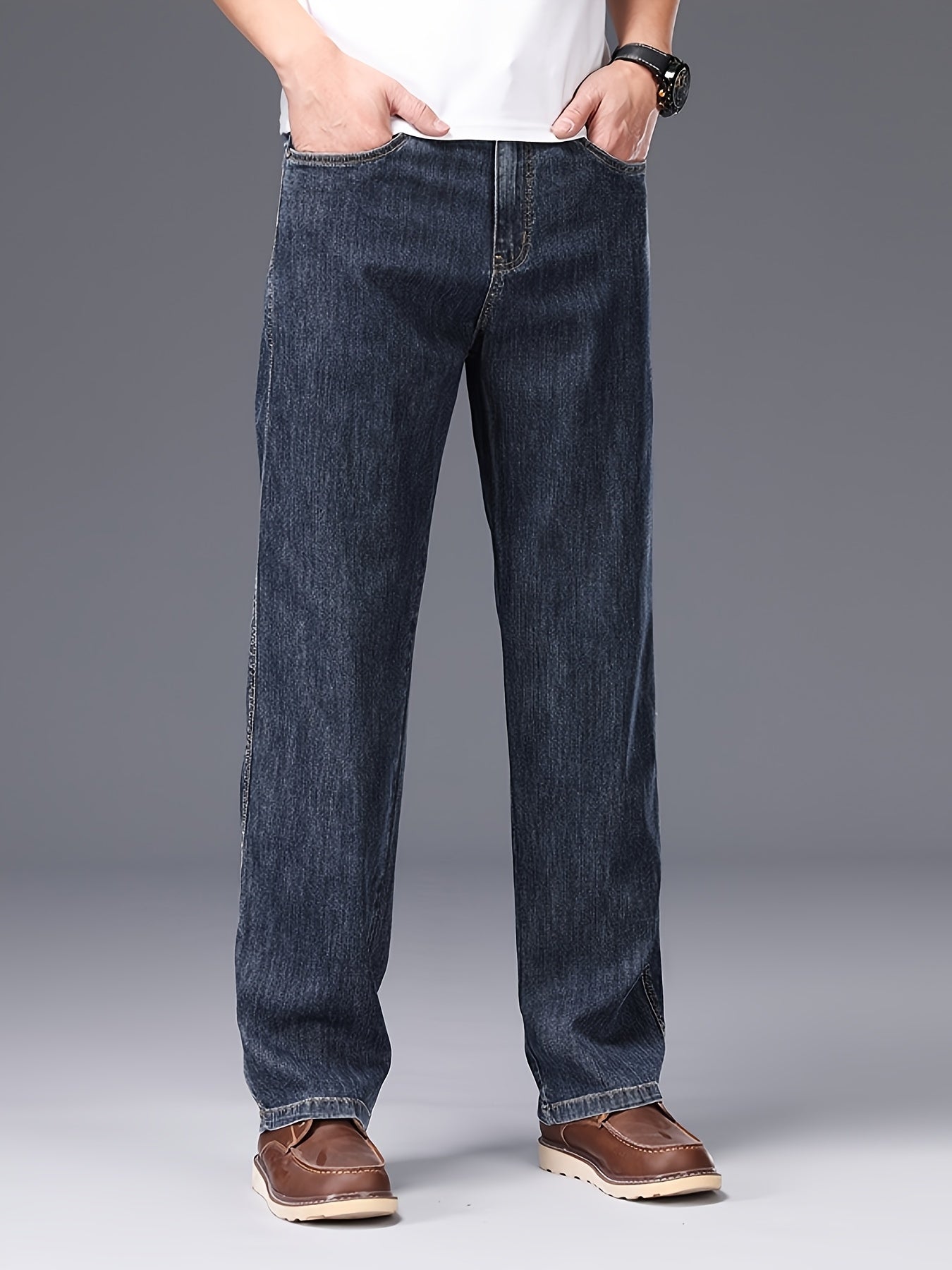 Men's Lyocell Stretch Denim Straight-Leg Jeans - All-Season Business Casual Pants with Button Detail, Machine Washable, Classic Regular Fit & Solid Color Design, Versatile for Office & Casual Attire, Durable Fabric Pants, Tim