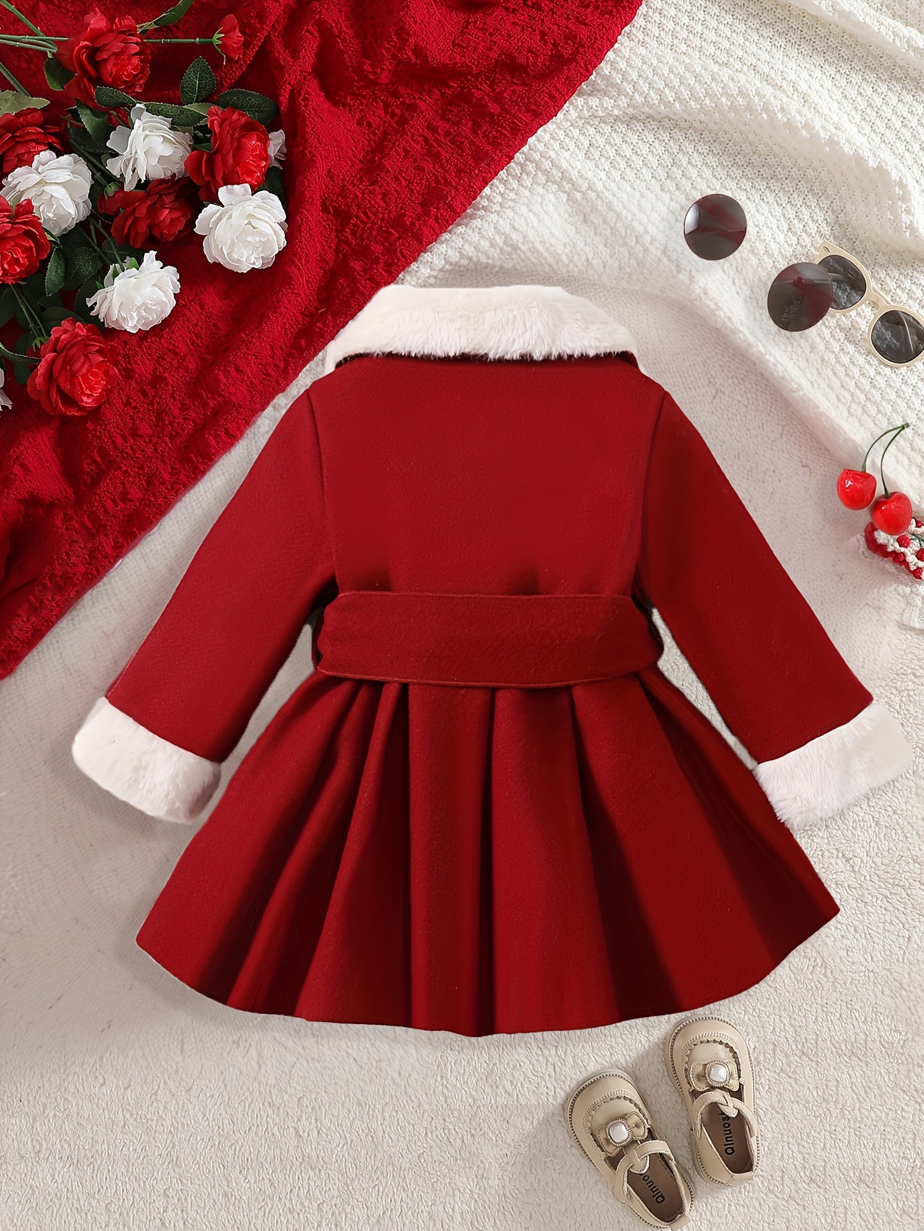 Baby Girl Winter Fleece Jacket & Coat with Plush Bow Lapel Collar - Soft Warm Red Snowsuit, Versatile Casual Outfit for School Season, Cute Small Gift for Infants